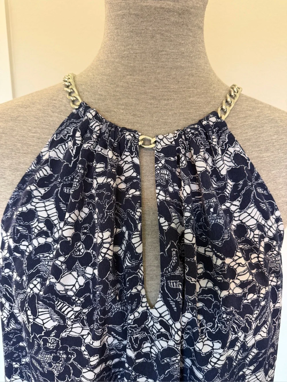 Michael Kors Navy and White Floral Halter Midi Dress with Chain Trim